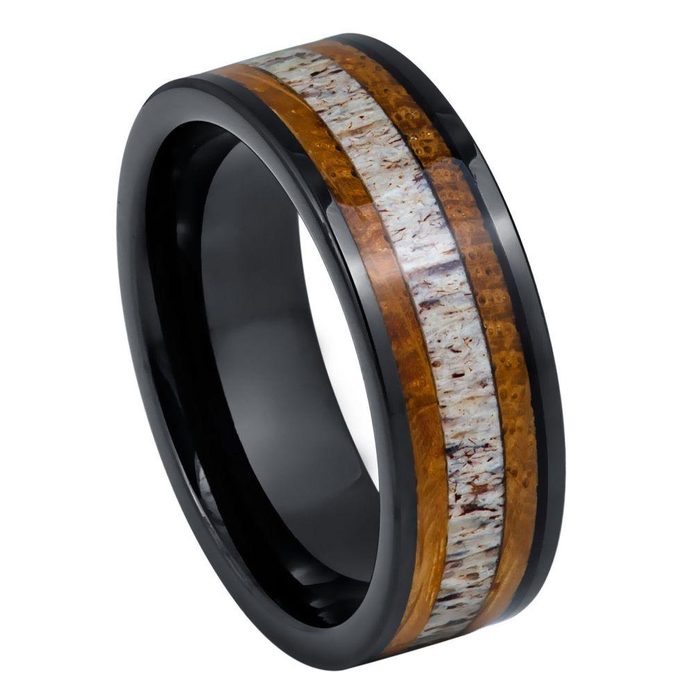 Tungsten Black IP Ring with Whiskey Barrel and Deer Antler Inlay- 8mm