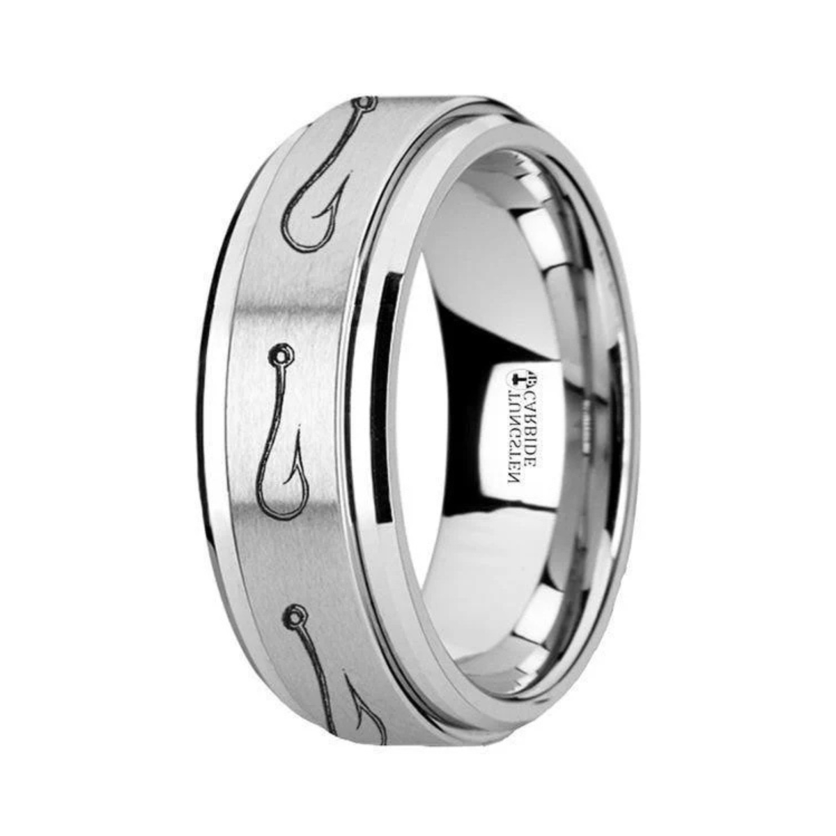 The Hooked Fishing Hook Engraved Tungsten Carbide Spinner Men's Ring 8mm 15 / 8mm
