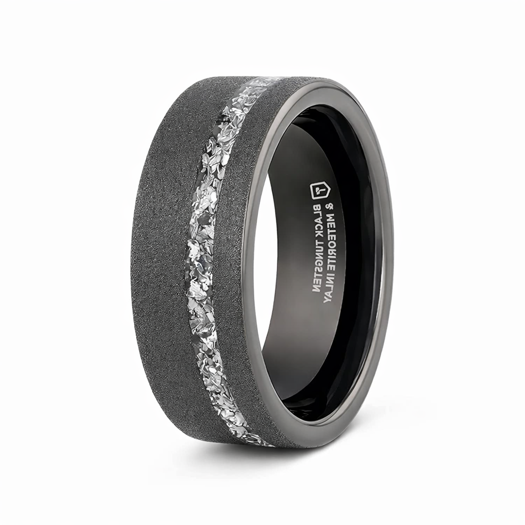 The Abyss Sandblasted Black Tungsten Ring with Meteorite Fragments