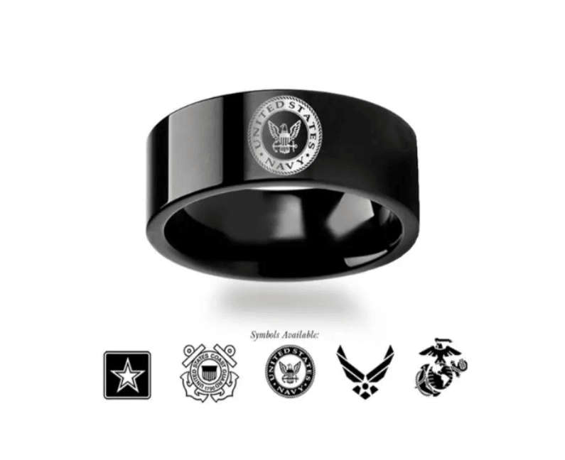 Military Symbol Logo Engraving Flat Polished Black Tungsten Ring -Choose Branch