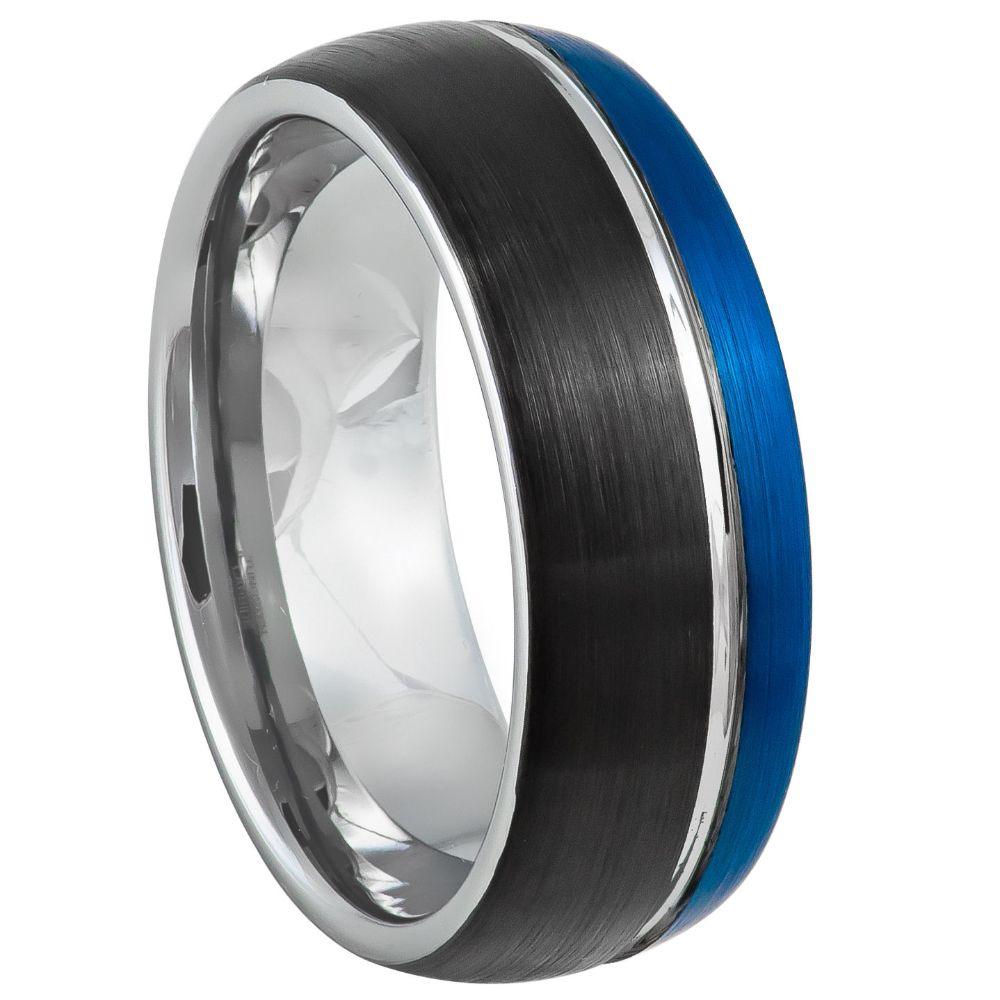Tungsten Three Tone Blue and Black Brushed Finish Ring-8mm