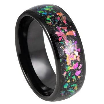 Black Tungsten Ring with Synthetic Opal and Abalone Mosaic-8mm