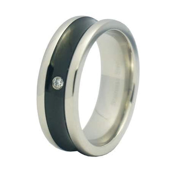 Black Finish Stainless Steel Wedding Band with Single CZ | 8mm