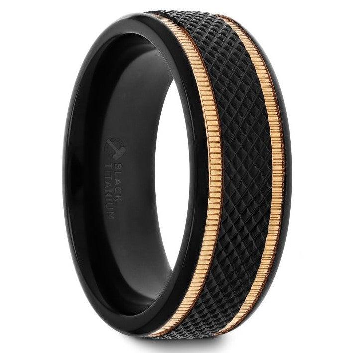 Thorsten BAROQUE Black Titanium Diamond Pattern Brushed Finish Men’s Wedding Ring with Gold Milgrain Grooves – 8mm Thorsten BAROQUE Black Titanium Diamond Pattern Brushed Finish Men’s Wedding Ring with Gold Milgrain Grooves – 8mm