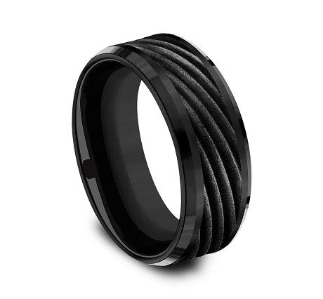 Black Titanium 8mm Comfort-fit Drop Beveled Swirl Pattern Design Ring