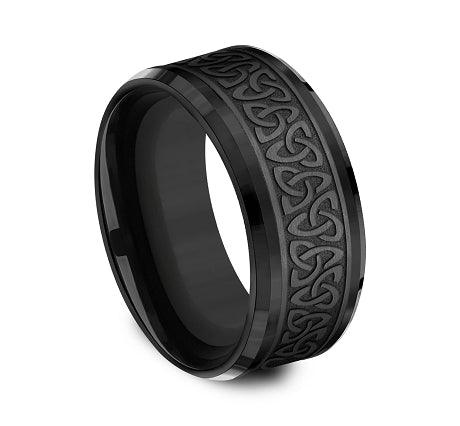Black Titanium 9mm Comfort-fit Drop Beveled Edge Celtic Knot Design Ring