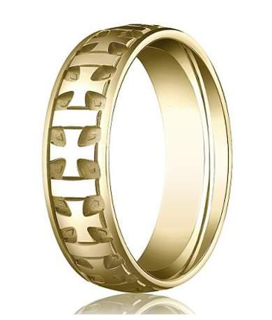 Men's 10K Yellow Gold Wedding Ring With Carved Crosses | 6mm