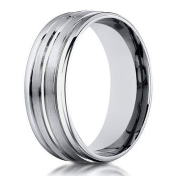 18K White Gold Designer Men's Wedding Ring, Center Groove | 6mm