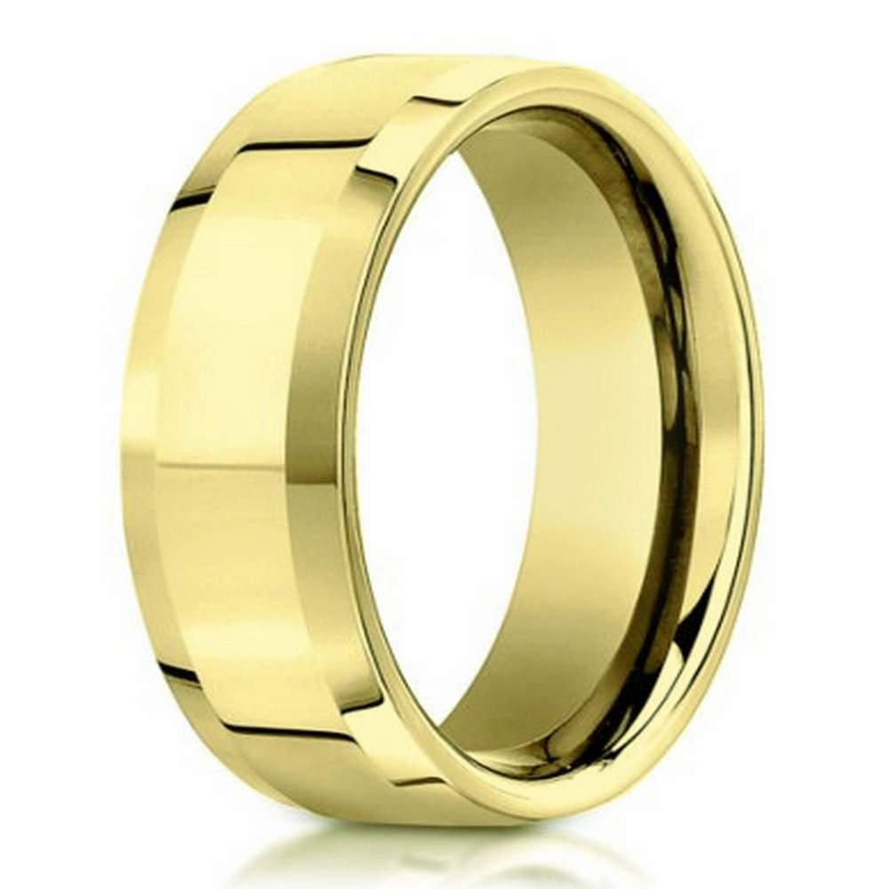 Designer Men's Wedding Band in 14K Yellow Gold, Beveled Edge, 4mm