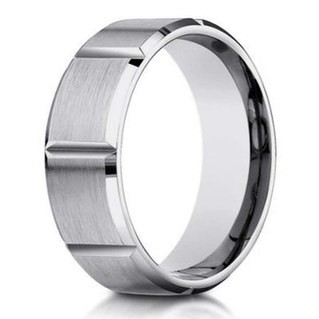 6mm 14k White Gold Designer Men's Ring with Vertical Grooves
