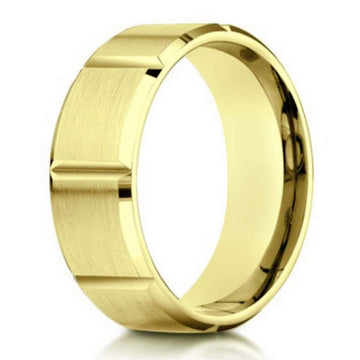6mm Designer 14k Yellow Gold Contemporary Grooved Ring for Men