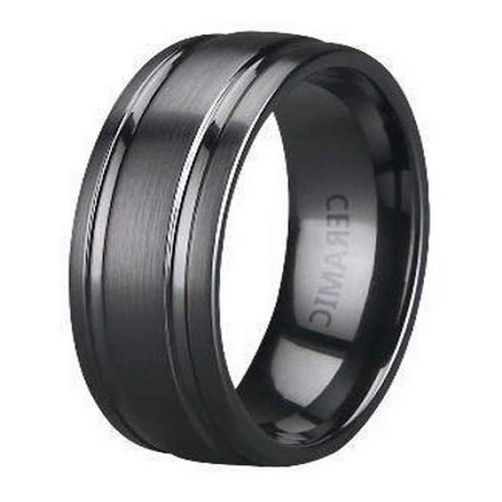 Men's Black Ceramic Band with Satin Finish Two Polished Grooves 8mm