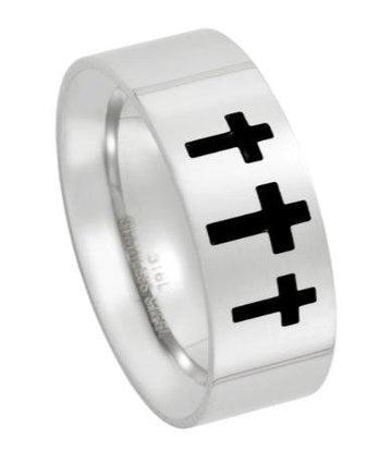 Men's Stainless Steel Triple Cross Ring with Flat Face and Polished Finish | 8mm