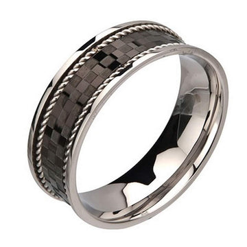 Men's Black Checker Pattern ring with Braid Steel Edges Ring-8mm