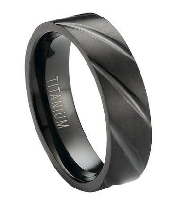 Matte-Finished Black Titanium Band with Diagonal Grooves | 6mm