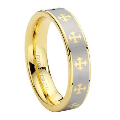 Tungsten Carbide Cross Ring with Gold PVD Plating-6mm