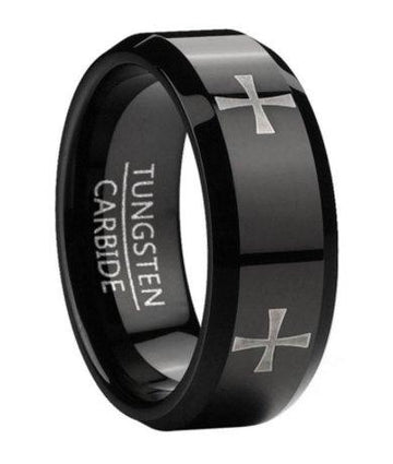 Men's Black Tungsten Ring with Lasered Cross Design | 8mm