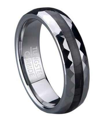 Faceted Tungsten Wedding Band with Black Carbon Fiber Inlay | 6mm