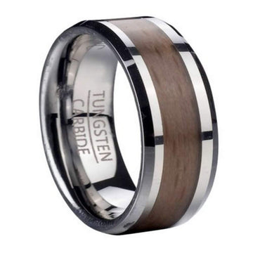 Tungsten Ring for Men with Red Beechwood and Beveled Edges | 8mm