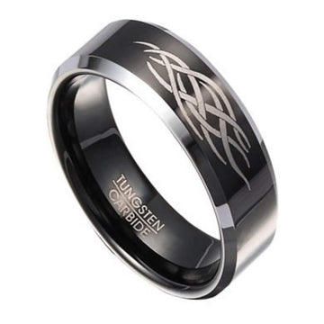 Black Tungsten Ring for Men with Abstract Flame Design | 8mm