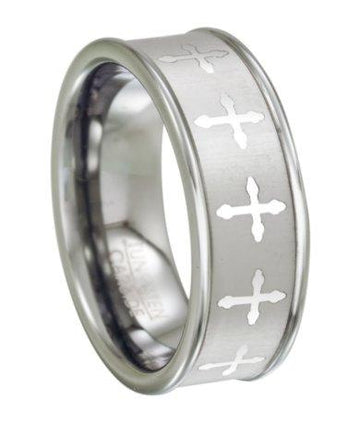 Tungsten Wedding Ring for Men with Lasered Cross Design | 8mm