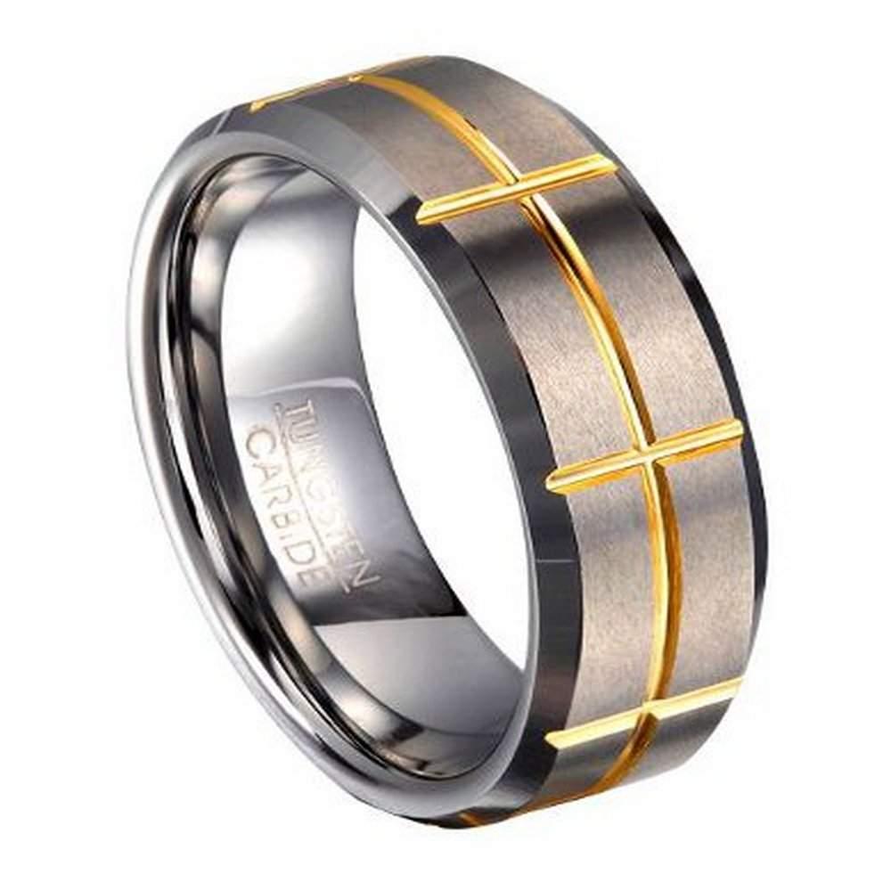Men's Tungsten Ring With Gold Tone Groove Pattern | 8mm