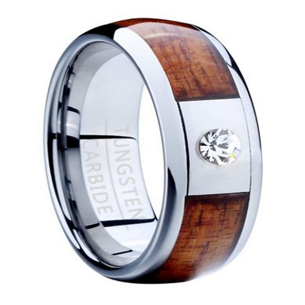 Men's Tungsten Ring with Koa Wood Inlay and Single CZ-8mm