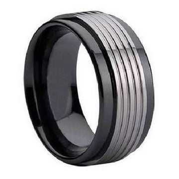 Black Ceramic Ring for Men with Grooved Tungsten Overlay | 9mm