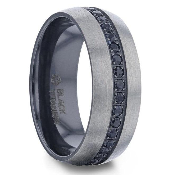 Thorsten AVIATOR Domed Brushed Titanium Men's Wedding Band with Black Sapphire Stones Inlay - 8mm Thorsten AVIATOR Domed Brushed Titanium Men's Wedding Band with Black Sapphire Stones Inlay - 8mm
