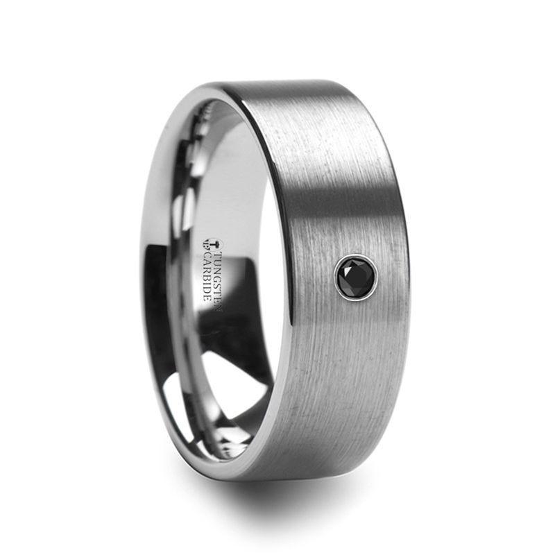 IRENAEUS Flat Brushed Tungsten Mens Ring with Black Diamond - 8mm