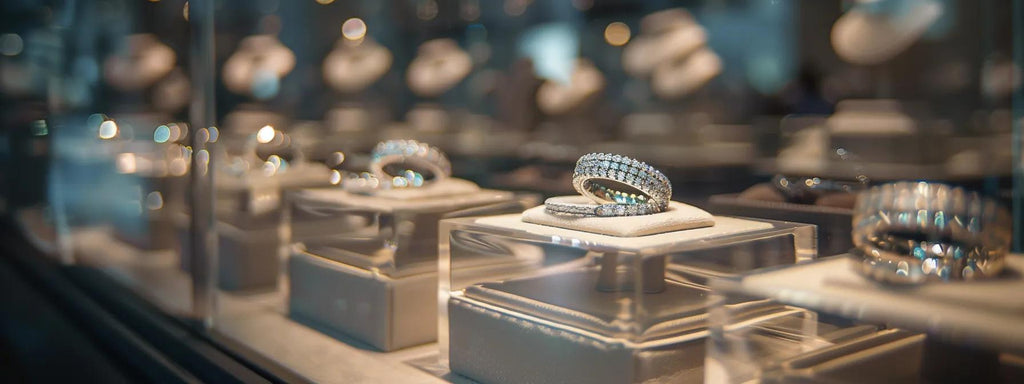 a captivating display of unique wedding rings made from alternative materials is showcased in a sleek, modern jewelry store, featuring elegant glass cases and dramatic spotlights that highlight their distinctive textures and colors