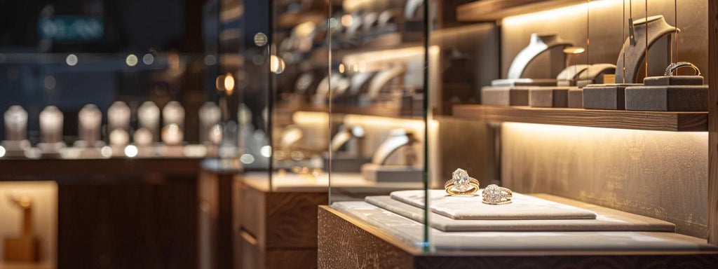 a sleek, modern jewelry display in an upscale boutique showcases an array of stylish and affordable engagement rings for men, highlighted by soft, ambient lighting that accentuates their intricate designs and craftsmanship