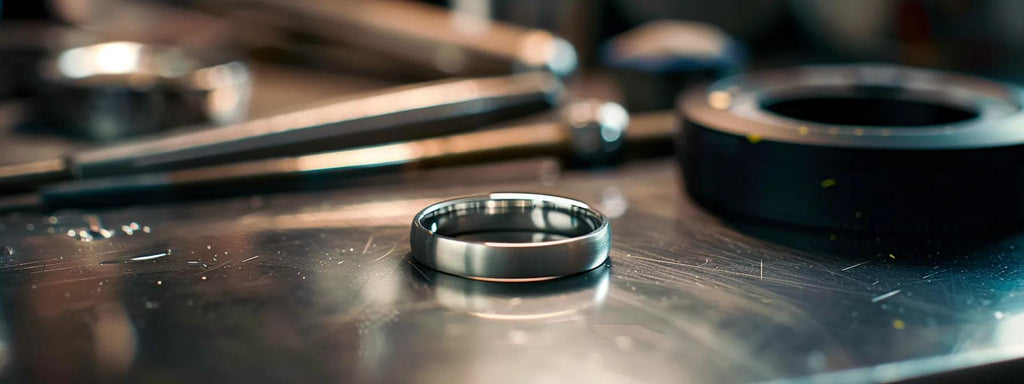 an elegant tungsten wedding band is prominently displayed on a sleek, polished countertop in a modern jewelry workshop, with a soft-focus backdrop of professional polishing tools and ambient lighting that highlights the band’s lustrous finish.