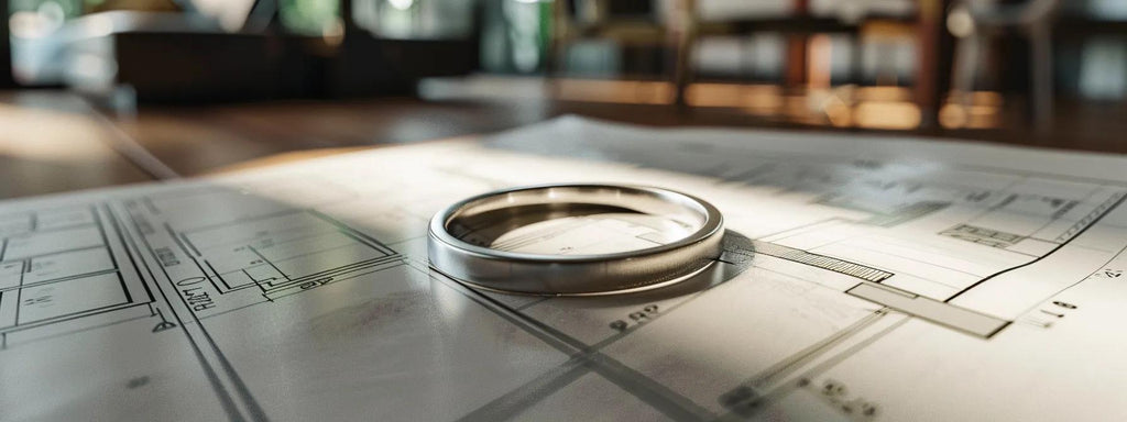 a close-up of a sleek, polished titanium wedding ring resting on top of architectural blueprints in a modern, minimalistic office space, emphasizing its durability and elegance amid a sophisticated design atmosphere.