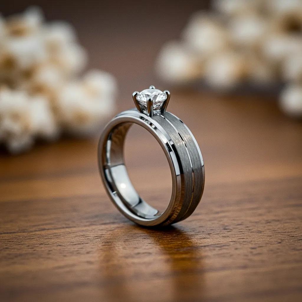Elegant tungsten engagement ring with diamond solitaire setting