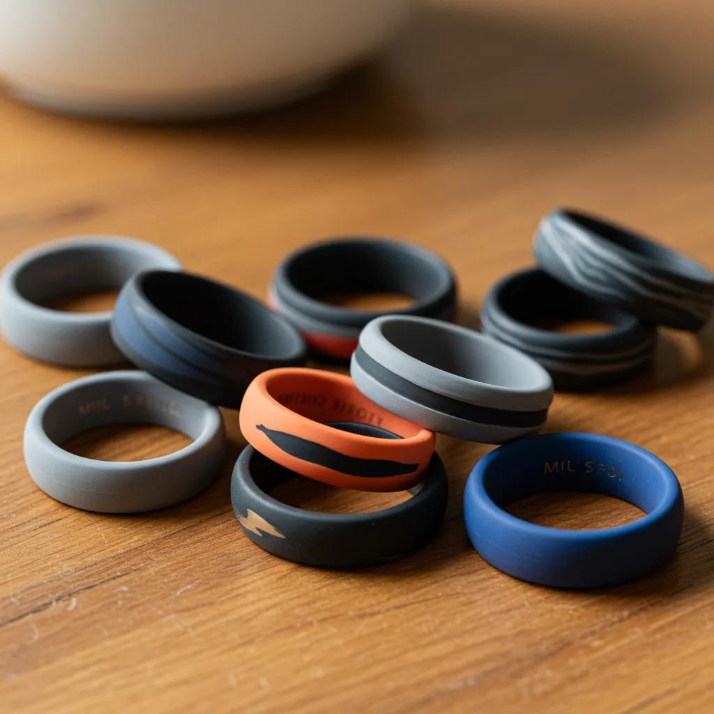 Collection of colorful silicone wedding rings on wooden table