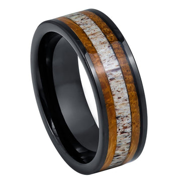 Tungsten Black IP Ring with Whiskey Barrel and Deer Antler Inlay- 8mm