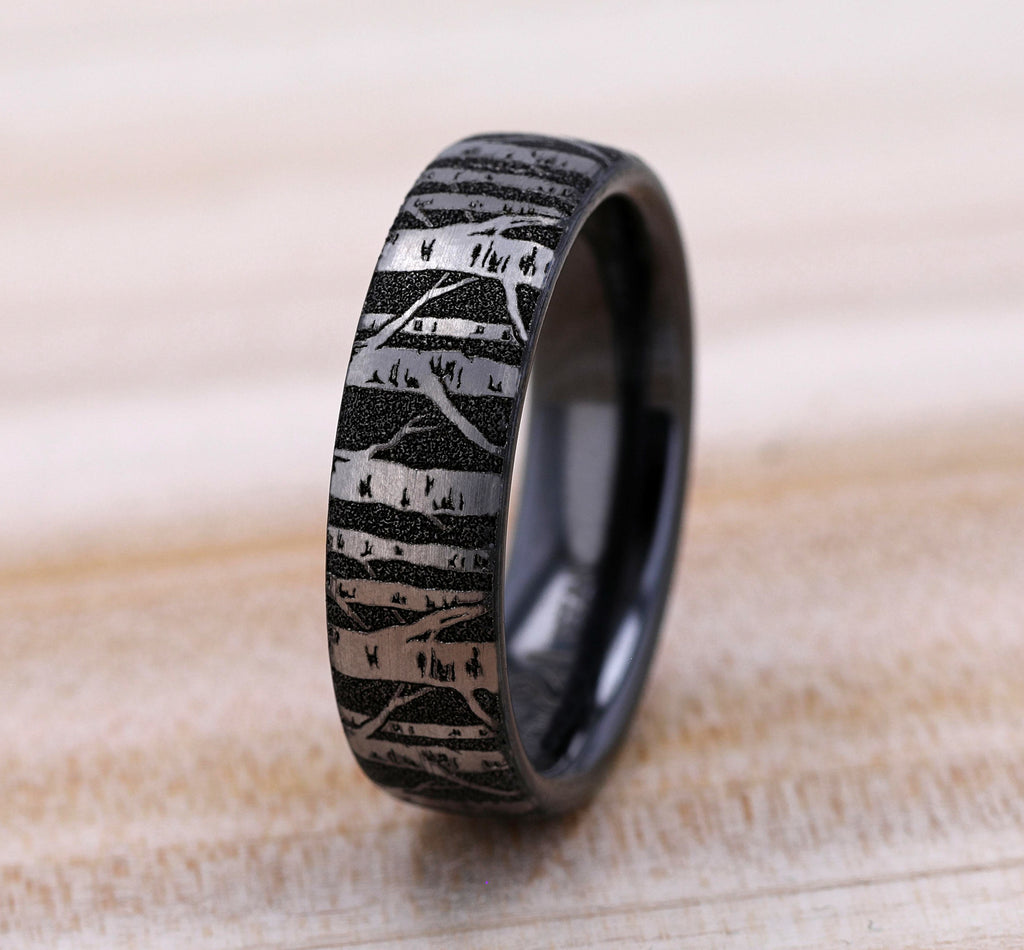 The Birch Black Titanium Birch Tree Script Center Men's Wedding Band 6 ...