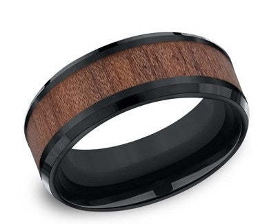Men's Black Cobalt Ring with a Deep Wood Inlay  | 8mm