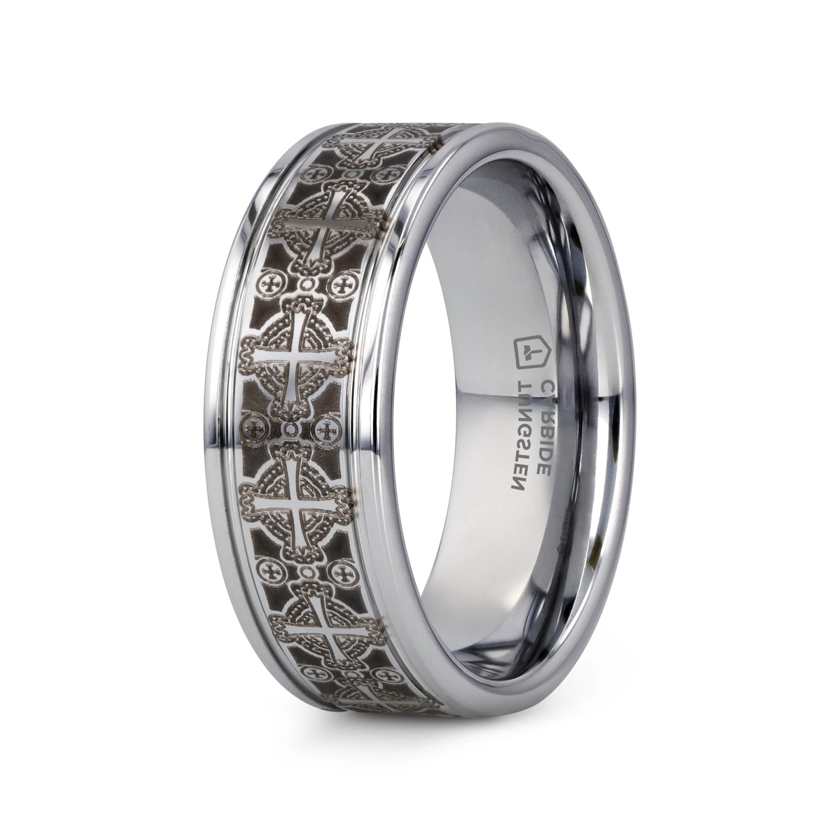 The Deacon Flat Tungsten Ring Laser Engraved Celtic Crosses 8mm – Just ...