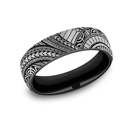 Polynesian Designed Black and Grey Titanium Men's Ring - 6.5mm