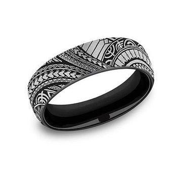 Polynesian Designed Black and Grey Titanium Men's Ring - 6.5mm
