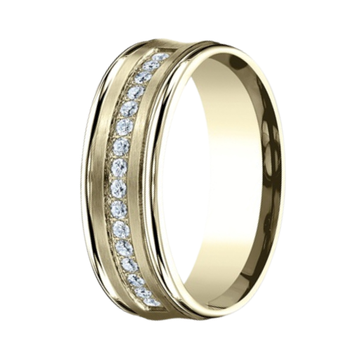 7.5mm 14k Yellow Gold Mens Wedding Ring with Pave-Set Diamonds