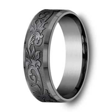 The Royal Men's Dark Tantalum Vintage Script Pattern Beveled Edges Ring 7mm