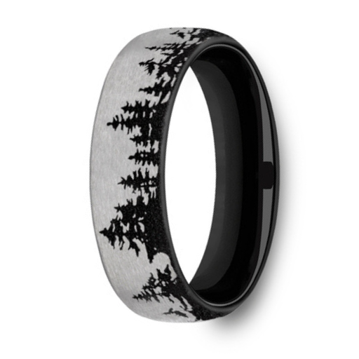 The Alpine Men's Titanium 6.5mm Tree Line Pattern Gray and Black Ring