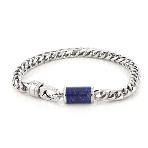 Men's Stainless Steel Woven Chain Bracelet With Lapis Inlay Stone 9 Inch