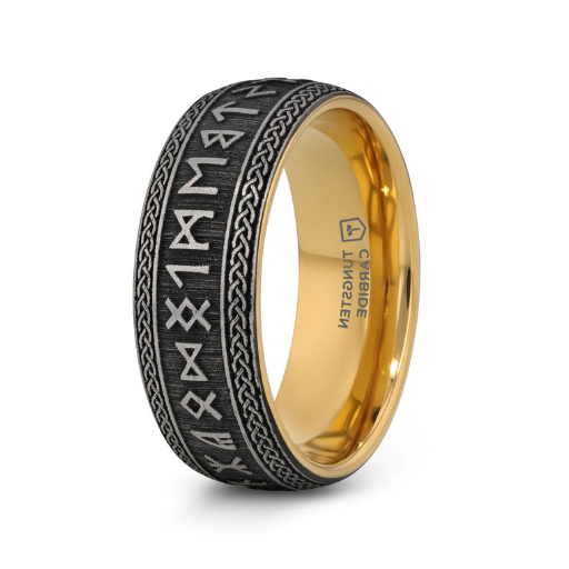 The Baldur Domed Tungsten Wedding Ring with Deep Engraved Runes GP Interior 8mm