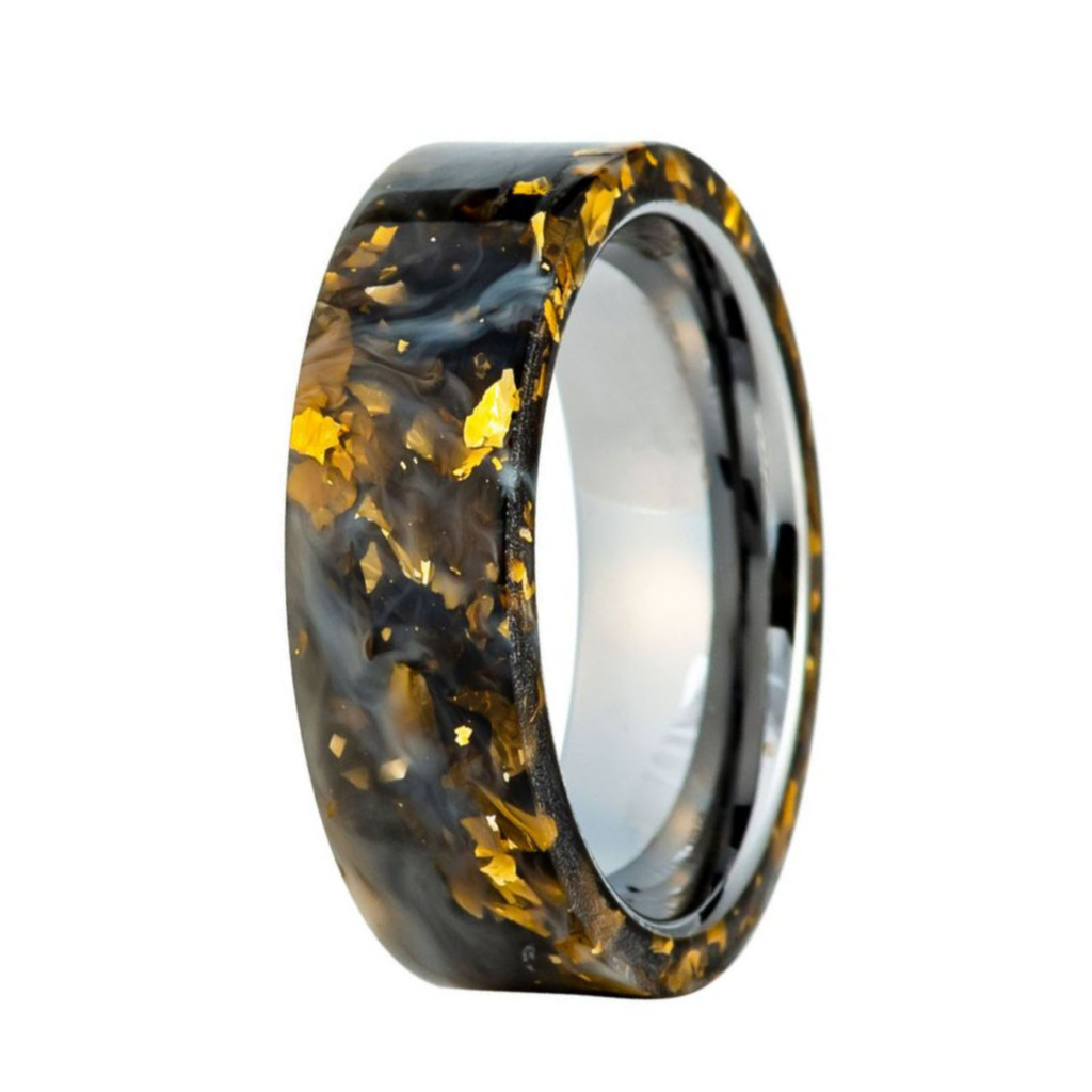 The Obsidian Ember Tungsten Black & Gold Foil Resin Inlay Ring – 8mm ...