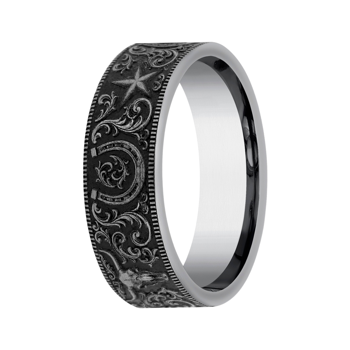 The Western Detailed Western Script Pattern Center Men's Tungsten Ring ...