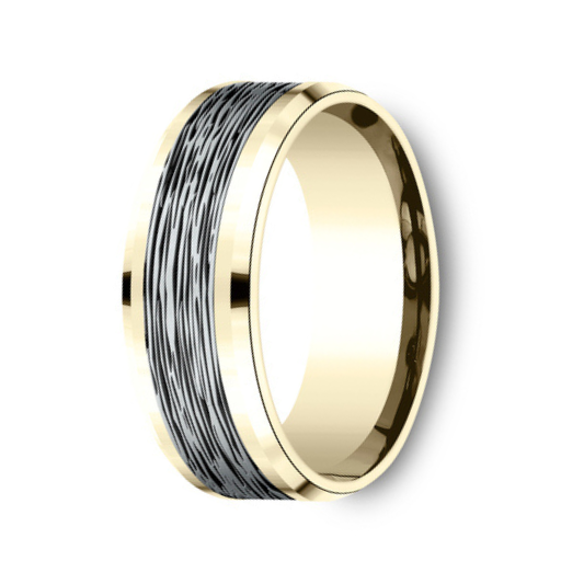 The Dogwood 14K Yellow&White Center Bark Design Beveled Edge Mens Ring 8mm